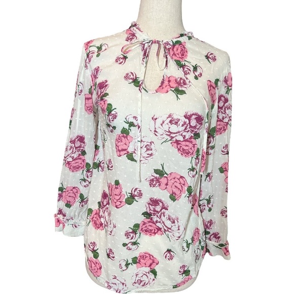 ModCloth Pink White Rose Floral Swiss Dot Rayon Keyhole Neck Tie Blouse Top XS - Picture 1 of 11